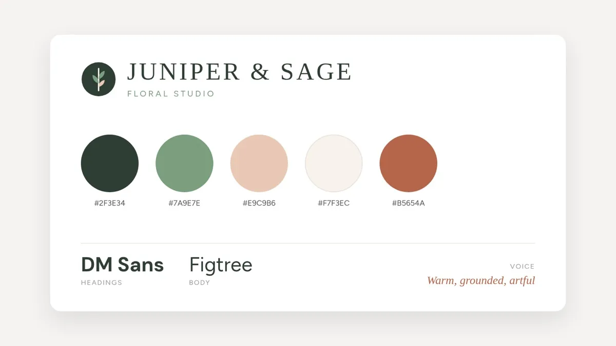 Juniper and Sage brand kit: logo, five colors, DM Sans and Figtree