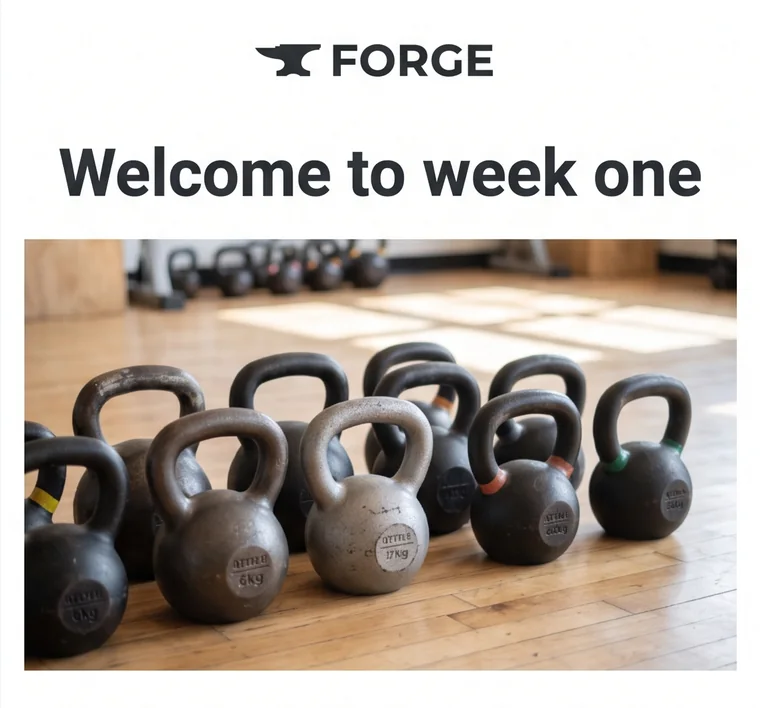 Welcome email SAM wrote and designed for Forge Fitness