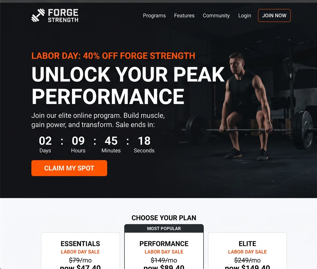 Labor Day sale page SAM built for Forge Strength