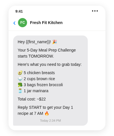 SMS about a 5-Day Meal Prep Challenge