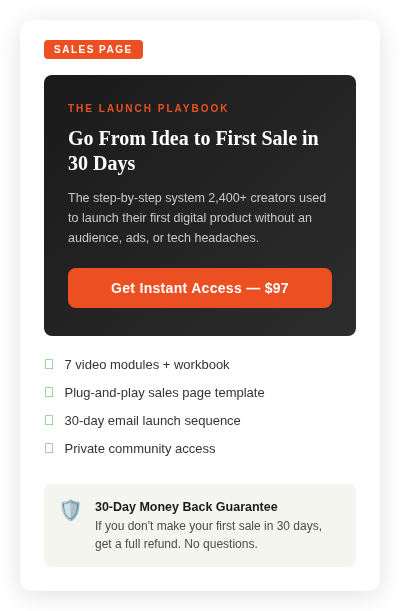 Sales page, Go From Idea to First Sale in 30 Days