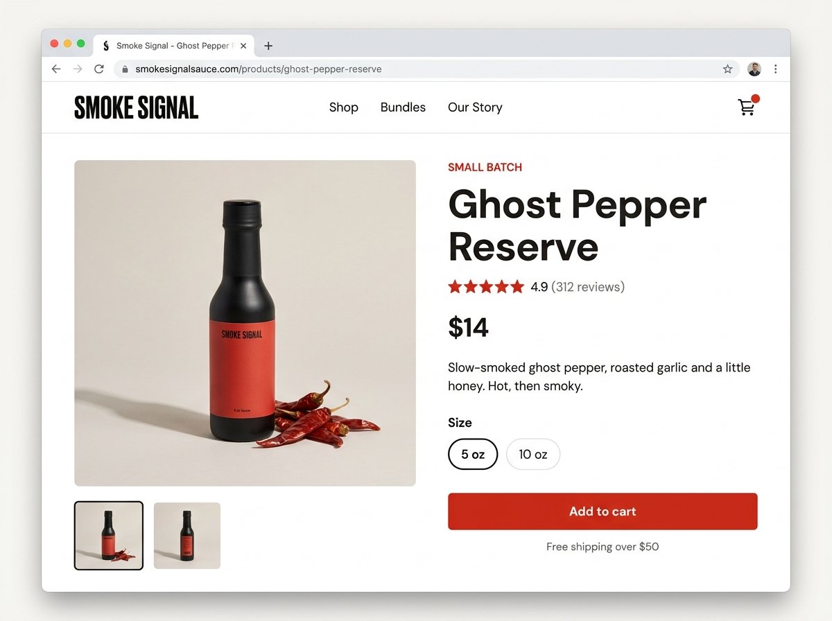 Product page for Smoke Signal Ghost Pepper Reserve hot sauce