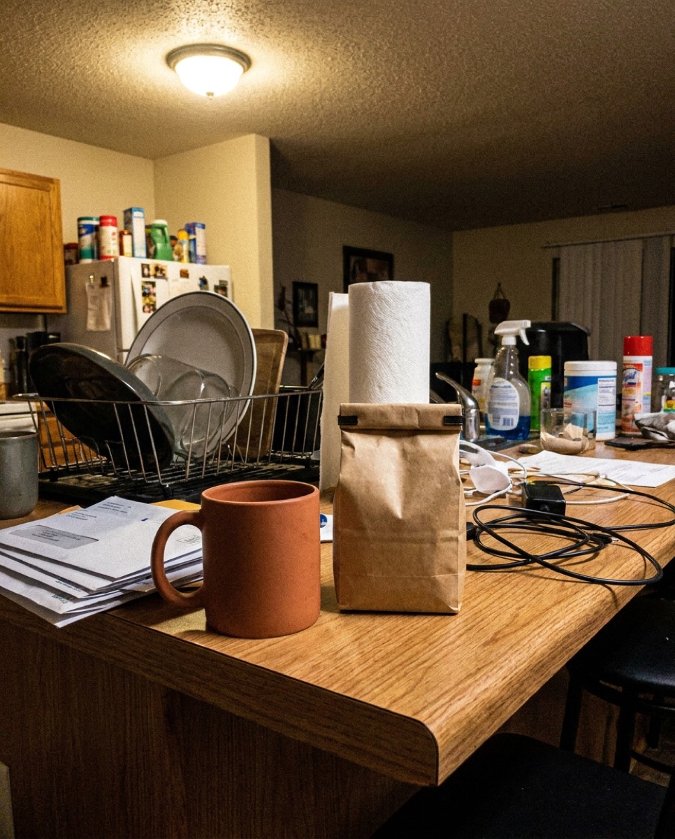 Before: mug on a cluttered counter