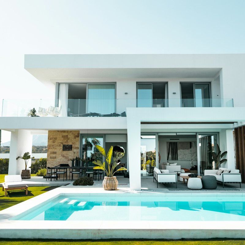 Modern home exterior with pool