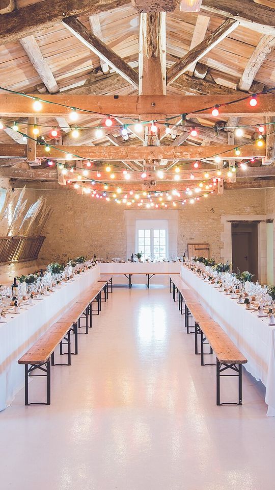 Wedding reception set up with string lights