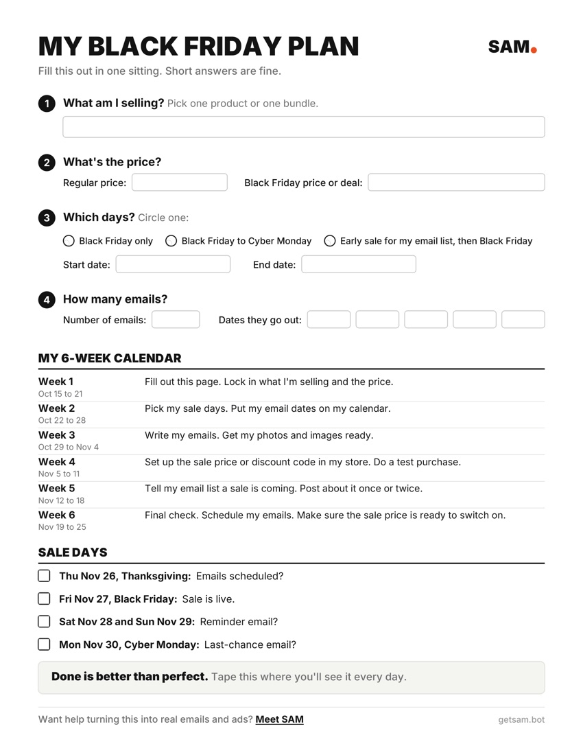 My Black Friday Plan, a one-page planner with four questions and a six-week calendar