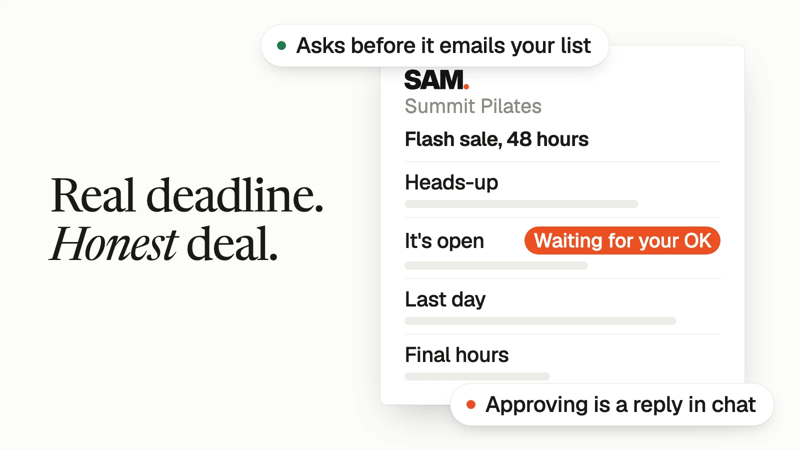 Real deadline. Honest deal. A simplified SAM card labeled 'Flash sale, 48 hours' with four rows: Heads-up, It's open, Last day, Final hours; the It's open row shows 'Waiting for your OK'.