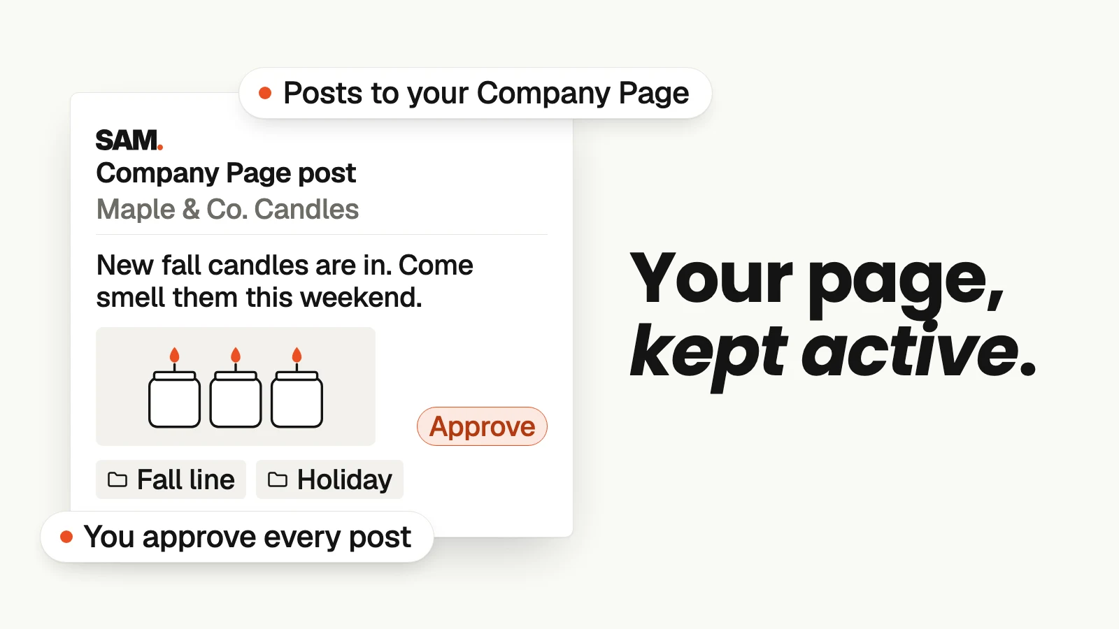 Your page, kept active. A simplified SAM card for an example business, Maple & Co. Candles, showing a Company Page post with an Approve label and the folders Fall line and Holiday, with the labels 'Posts to your Company Page' and 'You approve every post'.