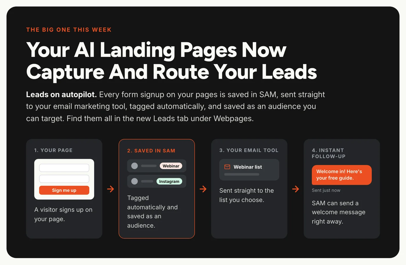 SAM AI landing page lead flow: a visitor signs up, the lead is saved and tagged in SAM, sent to your email tool, and gets an instant welcome message