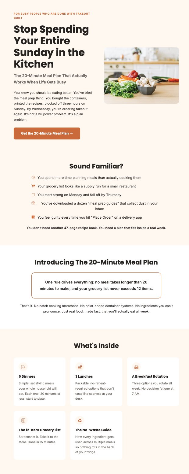 Sales page for The 20-Minute Meal Plan: hero, Sound Familiar, Introducing, and What's Inside sections